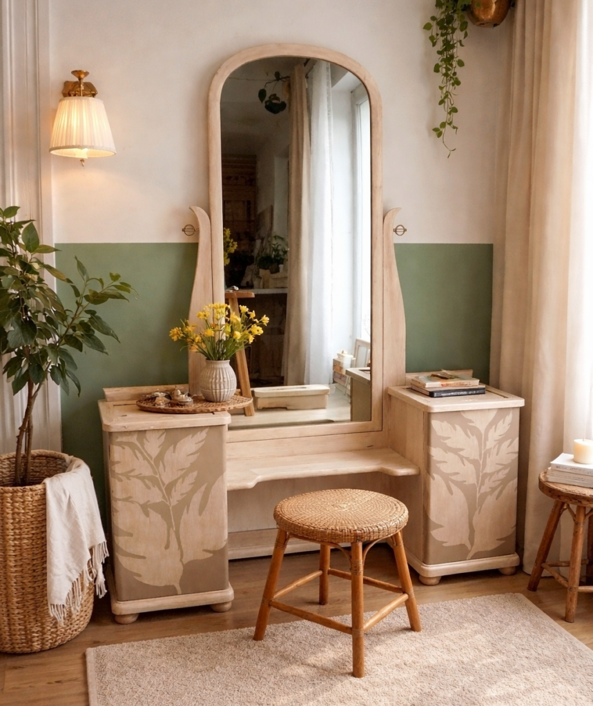 Renovovaná vintage dřevěná toaletka se zrcadlem v přírodních tónech