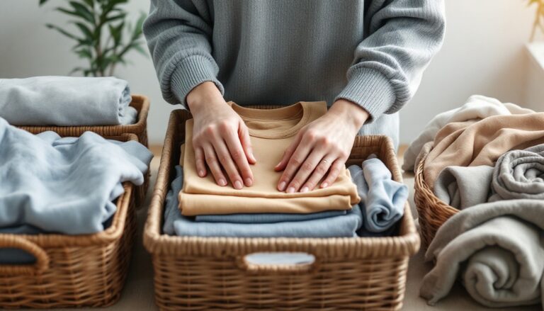Ruce skládající prádlo do proutěného košíku v klidném domácím prostředí