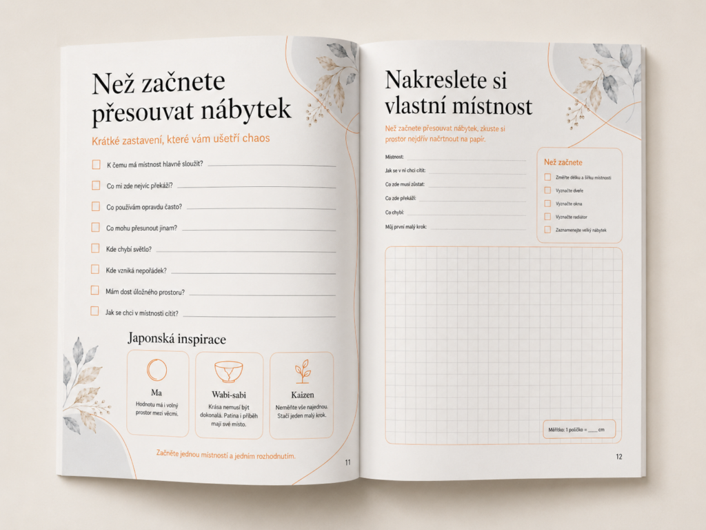 tevřená brožura Domov lehce na stránkách s checklistem a plánovací mřížkou pro návrh místnosti.