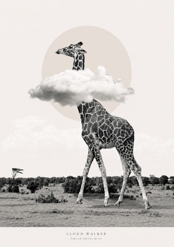 Cloud Walker – černobílý plakát se žirafou ke stažení